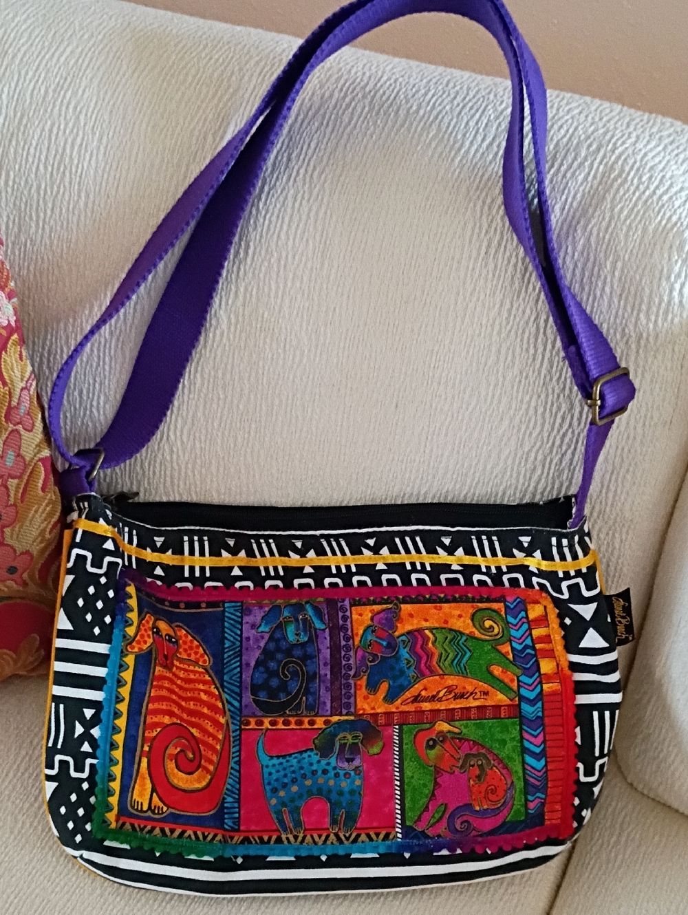 Laurel Burch Dogtails Colorful Patchwork Canvas Shoulder Bag with Purple Strap